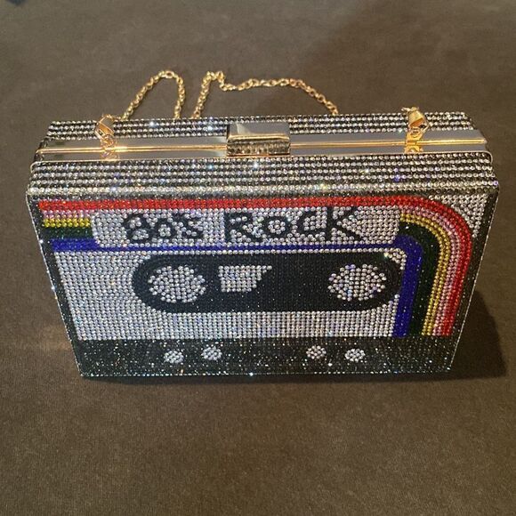 Women’s Sparkly Cassette Tape Shaped Clutch Purse Bag DifferentLength Chains NWT - Picture 4 of 13